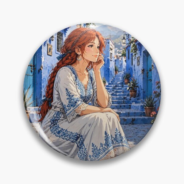 Item preview, Morocco Chefchaouen Blue City with a Charming Redhead Traveler in a Delicate White and Blue Dress, Magical Streets and Dreamy Moroccan Landscape designed and sold by DibujandoPorfa.