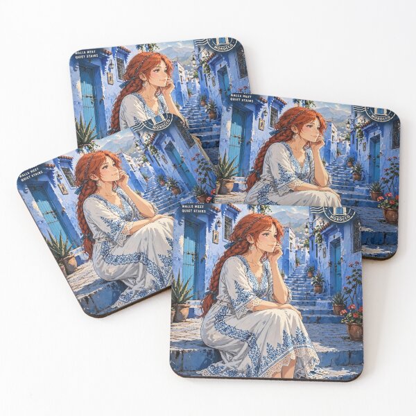 Item preview, Morocco Chefchaouen Blue City with a Charming Redhead Traveler in a Delicate White and Blue Dress, Magical Streets and Dreamy Moroccan Landscape designed and sold by DibujandoPorfa.