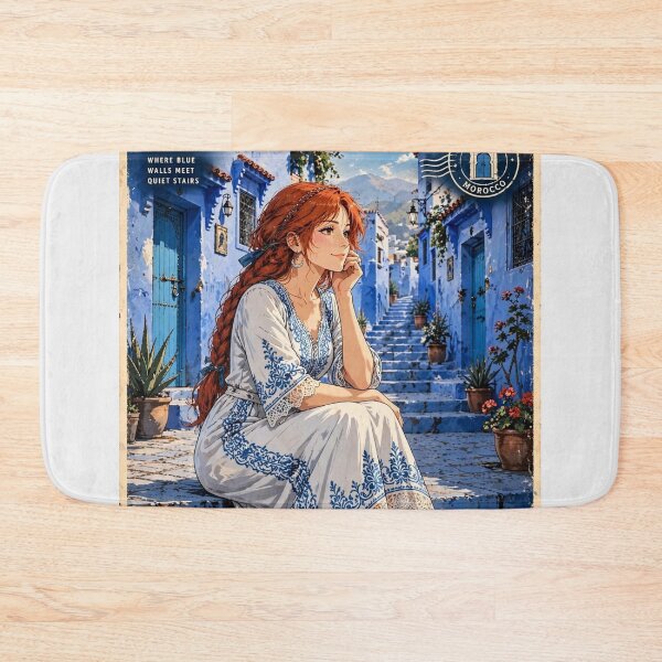 Item preview, Morocco Chefchaouen Blue City with a Charming Redhead Traveler in a Delicate White and Blue Dress, Magical Streets and Dreamy Moroccan Landscape designed and sold by DibujandoPorfa.