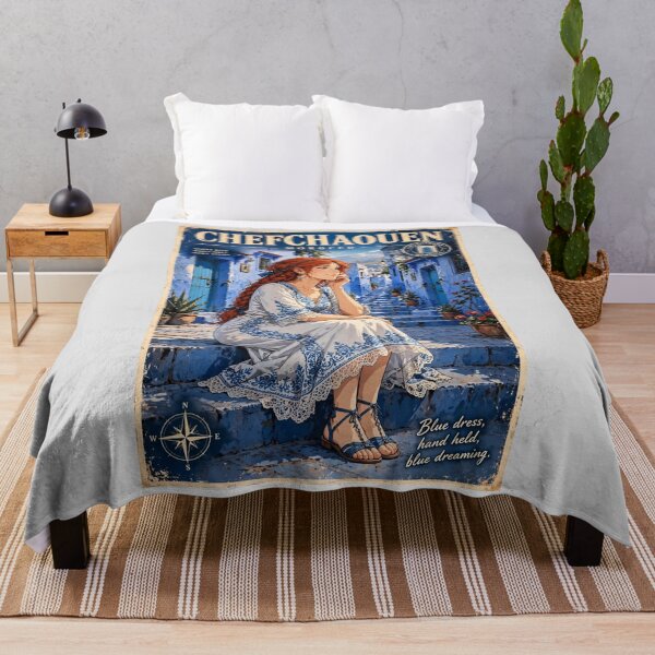 Item preview, Morocco Chefchaouen Blue City with a Charming Redhead Traveler in a Delicate White and Blue Dress, Magical Streets and Dreamy Moroccan Landscape designed and sold by DibujandoPorfa.