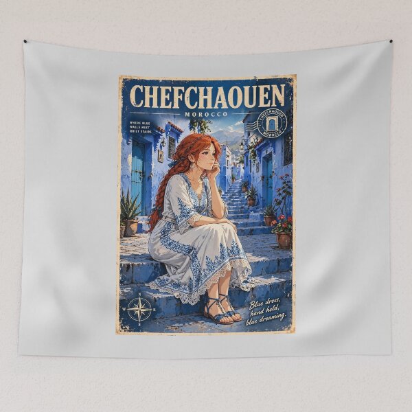 Item preview, Morocco Chefchaouen Blue City with a Charming Redhead Traveler in a Delicate White and Blue Dress, Magical Streets and Dreamy Moroccan Landscape designed and sold by DibujandoPorfa.