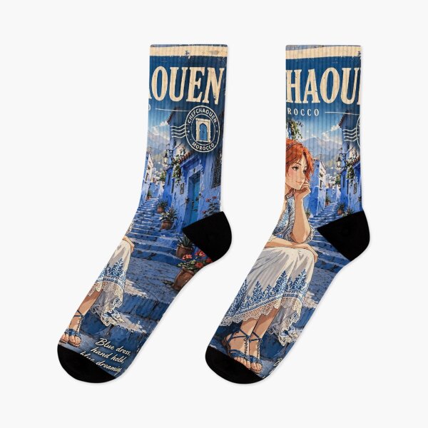 Item preview, Morocco Chefchaouen Blue City with a Charming Redhead Traveler in a Delicate White and Blue Dress, Magical Streets and Dreamy Moroccan Landscape designed and sold by DibujandoPorfa.