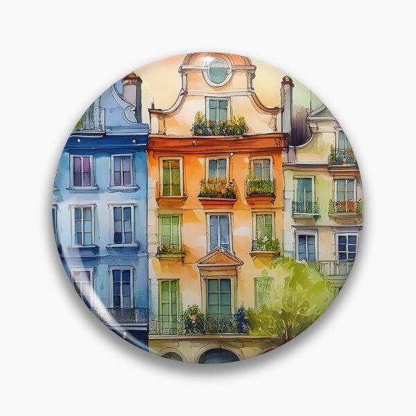 Item preview, A row of brightly colored, whimsical European buildings is depicted in a watercolor style designed and sold by homydesign.