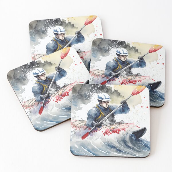 Item preview, A kayaker navigates through turbulent waters with determination, surrounded by rocky landscapes and a vibrant sky, capturing the spirit of adventure designed and sold by homydesign.