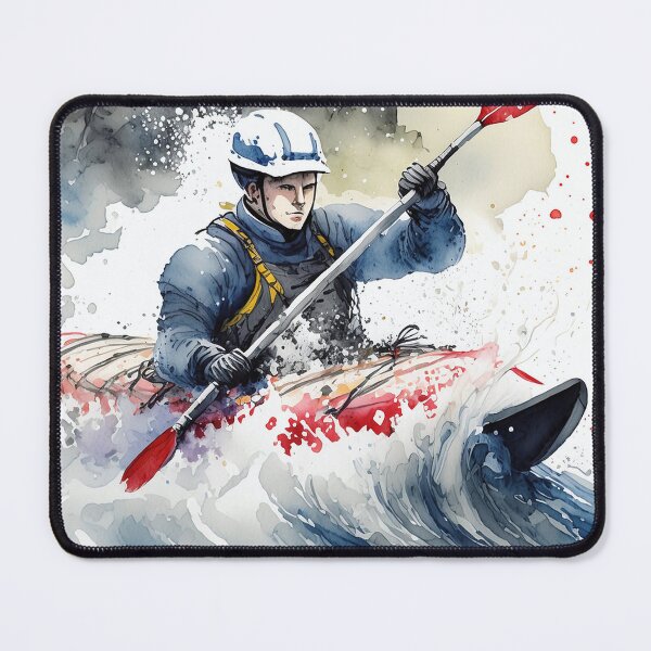Item preview, A kayaker navigates through turbulent waters with determination, surrounded by rocky landscapes and a vibrant sky, capturing the spirit of adventure designed and sold by homydesign.