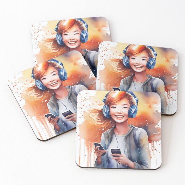 Item preview, A vibrant artwork depicts a young girl immersed in music, wearing headphones and holding a smartphone designed and sold by homydesign.