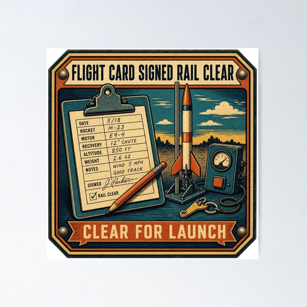 Artikelvorschau, Flight Card Signed Rail Clear Raketen Startplatz Sicherheit Retro Plakette entworfen und verkauft von BoosterShop.