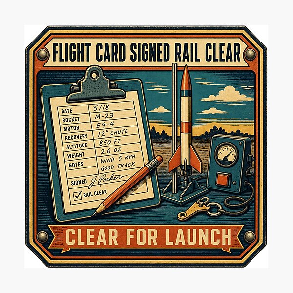 Aperçu de l'œuvre Flight Card Signed Rail Clear Sécurité de Lancement Fusée Plaque Rétro créée et vendue par BoosterShop.