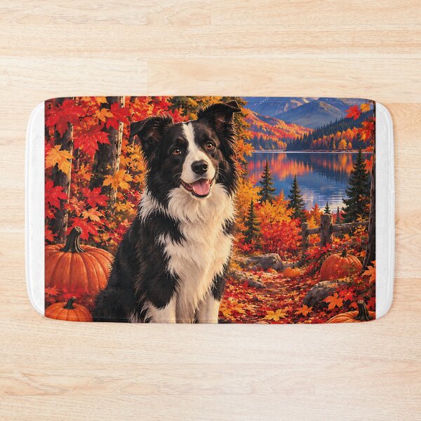 Artikelvorschau, Border Collie in einem herbstlichen Ahornwald mit Kürbissen entworfen und verkauft von Nomad-Paws.