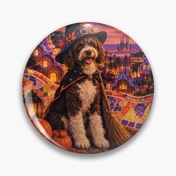 Item preview, Spanish Water Dog dressed as a witch in Barcelona's haunted Park Güell designed and sold by Nomad-Paws.