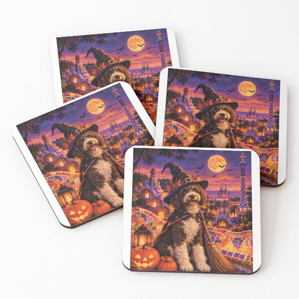 Item preview, Spanish Water Dog dressed as a witch in Barcelona's haunted Park Güell designed and sold by Nomad-Paws.