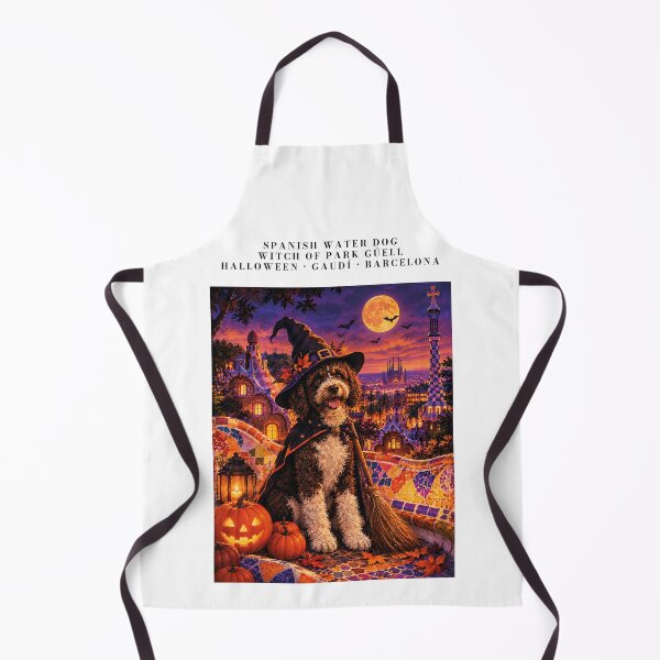 Item preview, Spanish Water Dog dressed as a witch in Barcelona's haunted Park Güell designed and sold by Nomad-Paws.