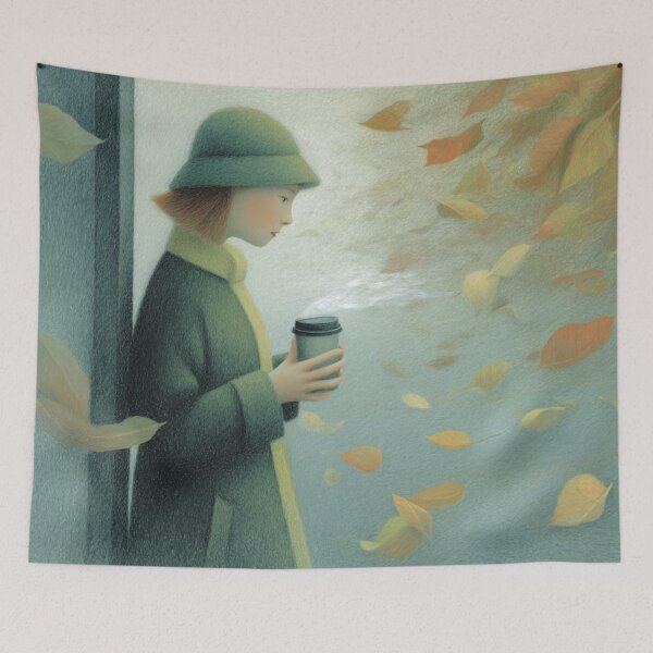Artikelvorschau, Vintage Herbstmelancholisches Mädchen mit Kaffee und fallenden Blättern entworfen und verkauft von SweetLilith.