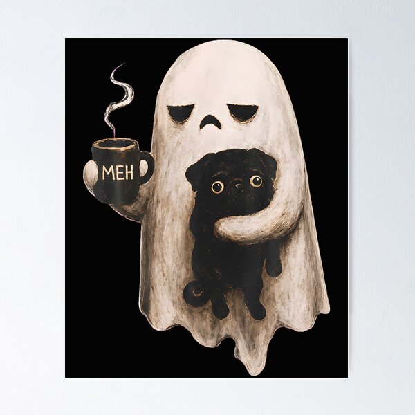 Item preview, Grumpy Ghost Holding Black Pug Dog Meh Coffee Cup Halloween designed and sold by Chromatic-Cubes.