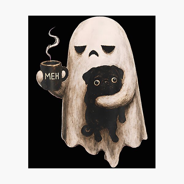 Item preview, Grumpy Ghost Holding Black Pug Dog Meh Coffee Cup Halloween designed and sold by Chromatic-Cubes.
