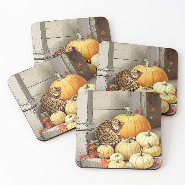 Item preview, Tabby Cat Asleep on the Pumpkins, Vintage Fall Print designed and sold by GildedFolio.