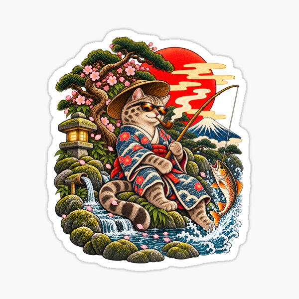 Item preview, Cat – Chill, Japanese Fishing Trip Tattoo Art designed and sold by Sleepy Safari.