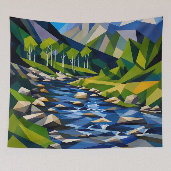 Item preview, Geometric Mountain Landscape with Rushing River designed and sold by Vicky Brago-Mitchell®.