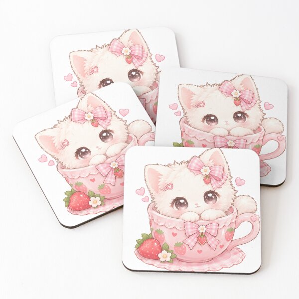 Item preview, Cute Kawaii Strawberry Cat in Pink Tea Cup designed and sold by Kiralemon.