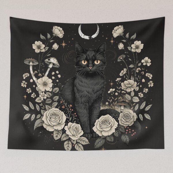 Item preview, Mystical Black Cat Moon Botanical Witchy Vintage Art designed and sold by LenNo9881.