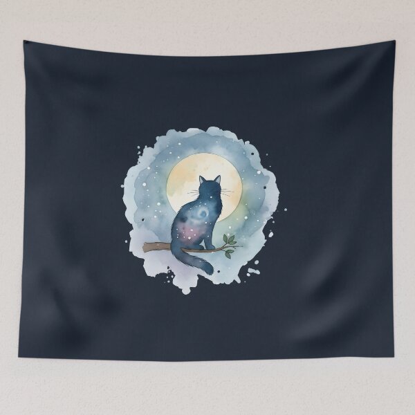 Item preview, Galaxy Cat Silhouette on Tree Branch Full Moon Watercolour designed and sold by VibeShift Studio.