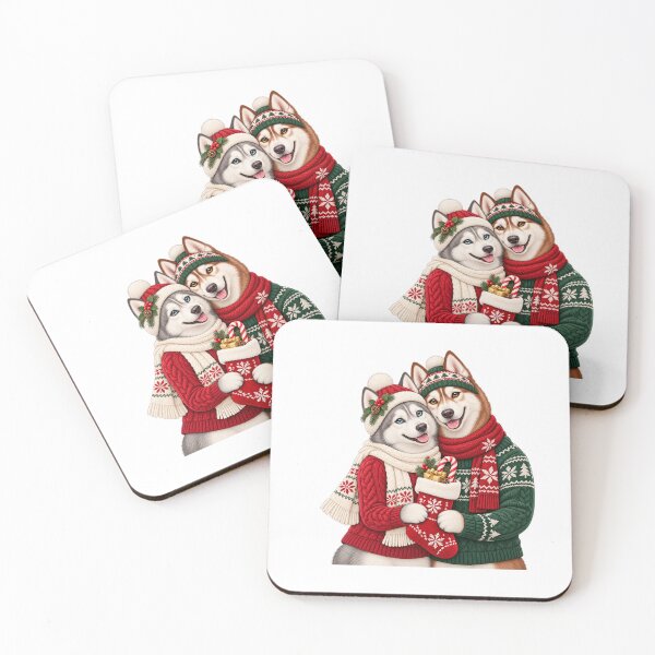 Item preview, Cozy Husky Christmas Couple with Cocoa and Knitwear designed and sold by skyartdesign.
