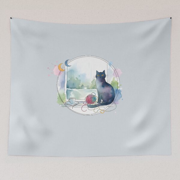 Item preview, Rainy Day Cat on Windowsill Yarn and Tea Cozy Art designed and sold by VibeShift Studio.
