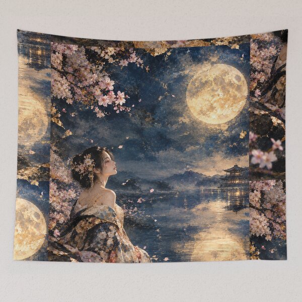 Item preview, Ethereal Sakura Moon - Traditional Japanese Portrait in Gold designed and sold by KINTSUGI-LUMI.