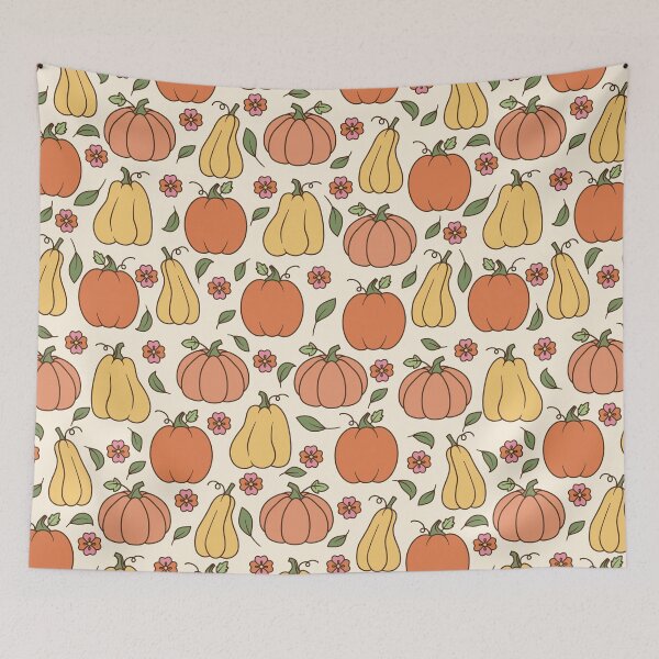 Item preview, Retro 70s Autumn Pumpkin Floral Cream Pattern designed and sold by FestivityFinds.