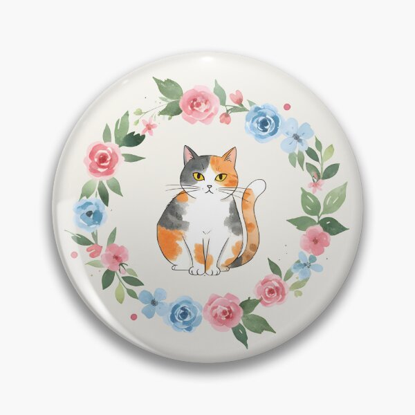 Item preview, Sweet Calico Cat in Pink and Blue Flower Wreath Art designed and sold by VibeShift Studio.
