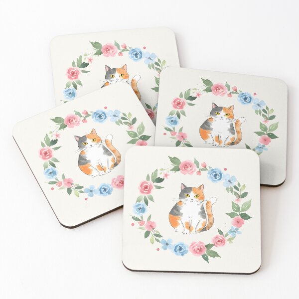 Item preview, Sweet Calico Cat in Pink and Blue Flower Wreath Art designed and sold by VibeShift Studio.