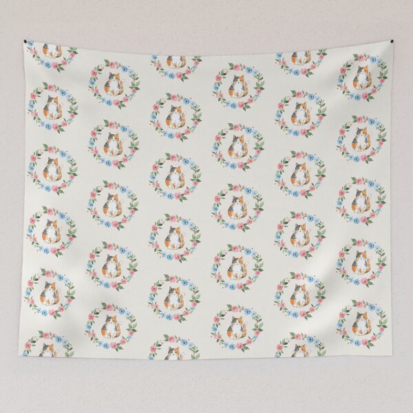 Item preview, Sweet Calico Cat in Pink and Blue Flower Wreath Art designed and sold by VibeShift Studio.