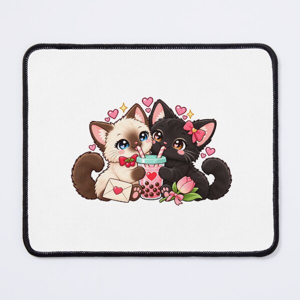 Item preview, Siamese and Black Cat Couple with Strawberry Boba designed and sold by skyartdesign.