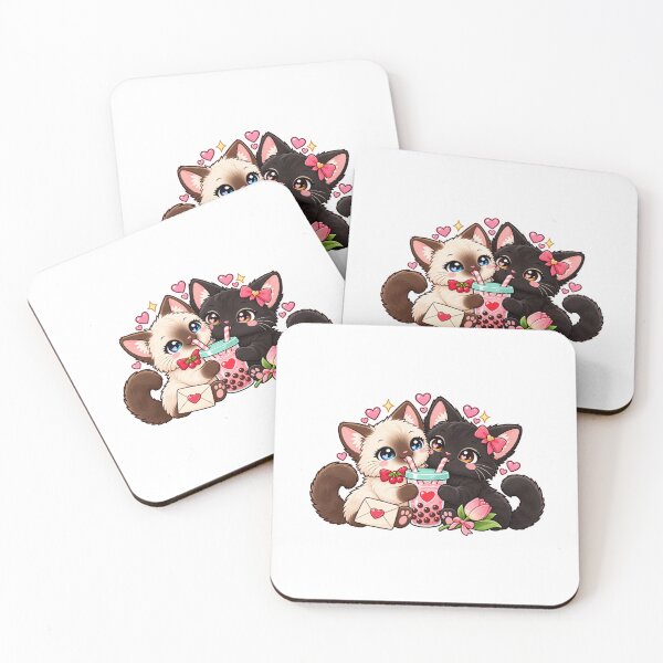Item preview, Siamese and Black Cat Couple with Strawberry Boba designed and sold by skyartdesign.