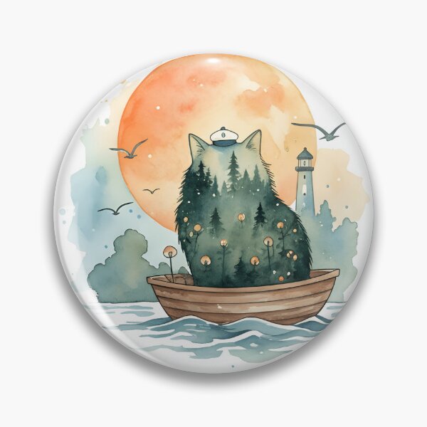Item preview, Sailor Cat in Wooden Rowboat Giant Moon Whimsical Nautical Art designed and sold by VibeShift Studio.