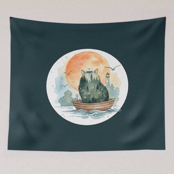 Item preview, Sailor Cat in Wooden Rowboat Giant Moon Whimsical Nautical Art designed and sold by VibeShift Studio.
