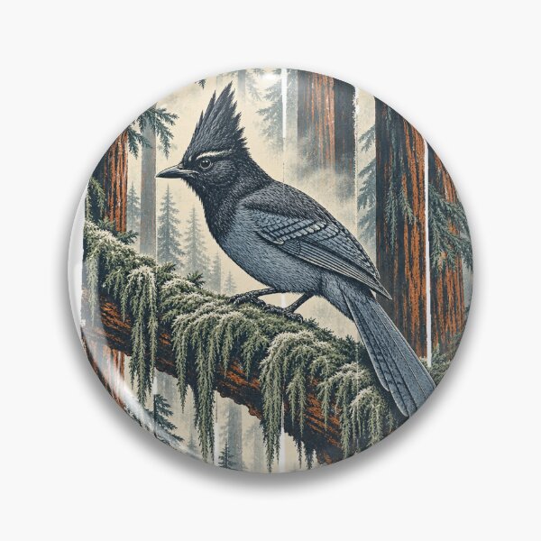 Item preview, Stellers Jay on the Redwood Branch Wild Bird Vintage Nature Art designed and sold by VisualArtsOasis.