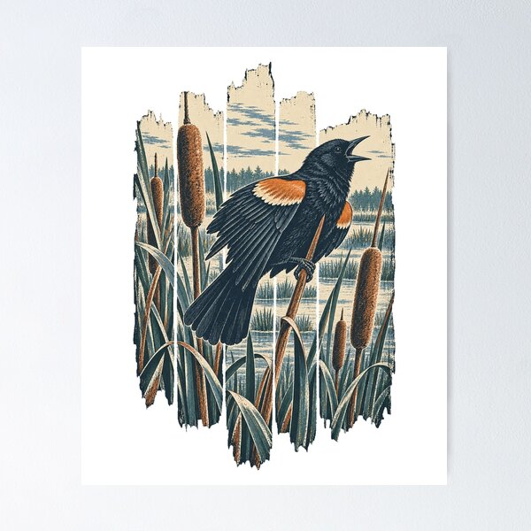 Item preview, Red Winged Blackbird on the Marsh Cattails Wild Bird Nature Wall Art designed and sold by VisualArtsOasis.