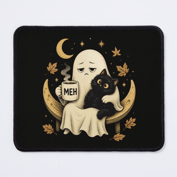 Item preview, Meh Grumpy Ghost with Black Cat Funny Tired Autumn Halloween designed and sold by Zizo-DR44.