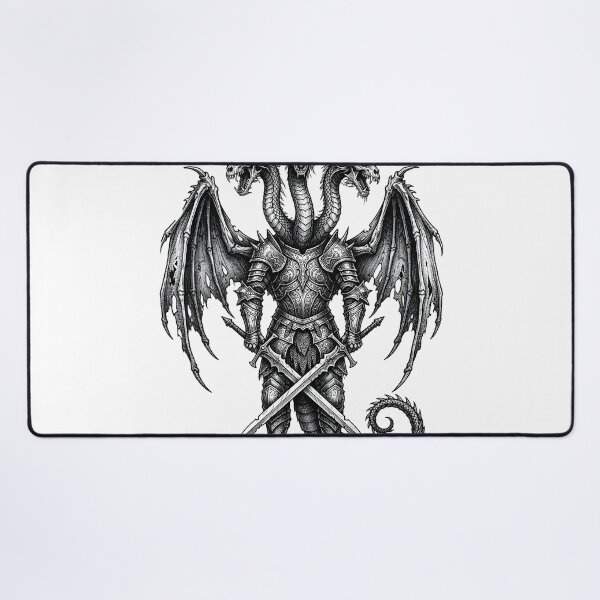 Item preview, Standing Hydra Knight - Rock Pedestal Crossed Swords Dragon Art designed and sold by DragonSerpent Ink.