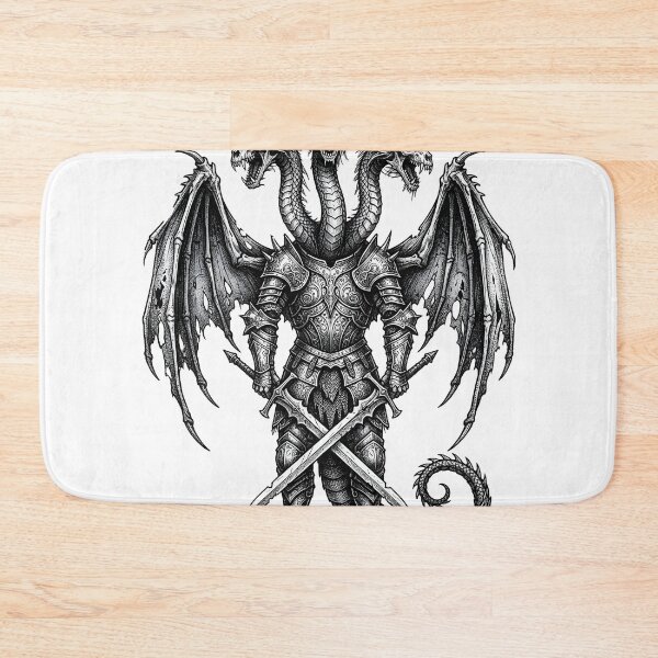 Item preview, Standing Hydra Knight - Rock Pedestal Crossed Swords Dragon Art designed and sold by DragonSerpent Ink.