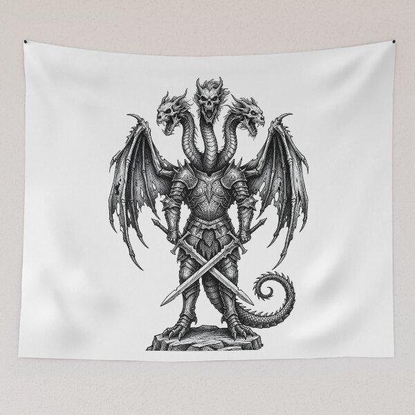 Item preview, Standing Hydra Knight - Rock Pedestal Crossed Swords Dragon Art designed and sold by DragonSerpent Ink.