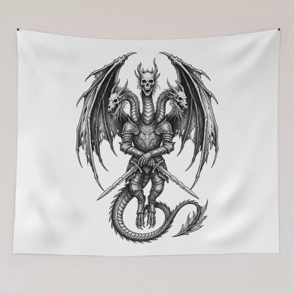 Item preview, Crowned Skull Hydra Dragon - Sheathed Swords Ink Illustration designed and sold by DragonSerpent Ink.