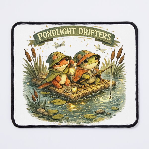 Item preview, Pondlight Drifters Cute Frog Fishing Pond Cottagecore Adventure Art designed and sold by inkoutninja.
