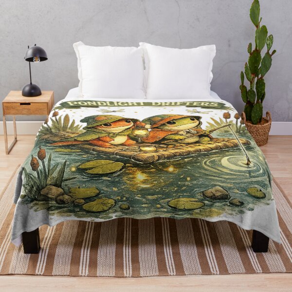 Item preview, Pondlight Drifters Cute Frog Fishing Pond Cottagecore Adventure Art designed and sold by inkoutninja.