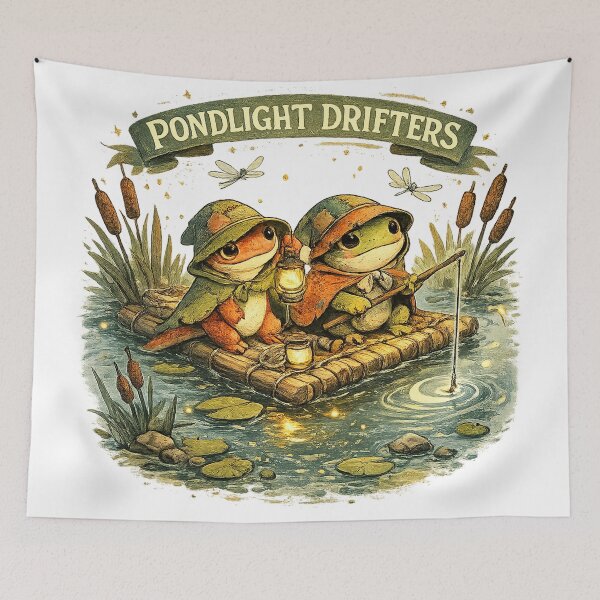 Item preview, Pondlight Drifters Cute Frog Fishing Pond Cottagecore Adventure Art designed and sold by inkoutninja.