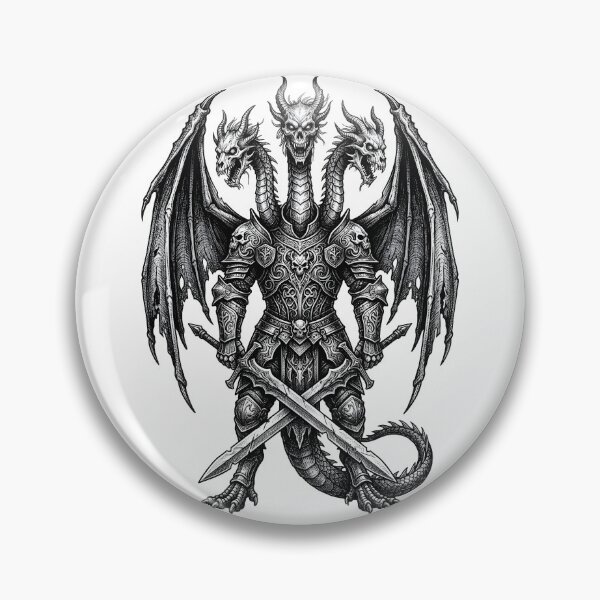 Artikelvorschau, Verziertes Totenkopf-Emblem Hydra Knight - Drachenschwert-Tuschezeichnung entworfen und verkauft von DragonSerpent Ink.