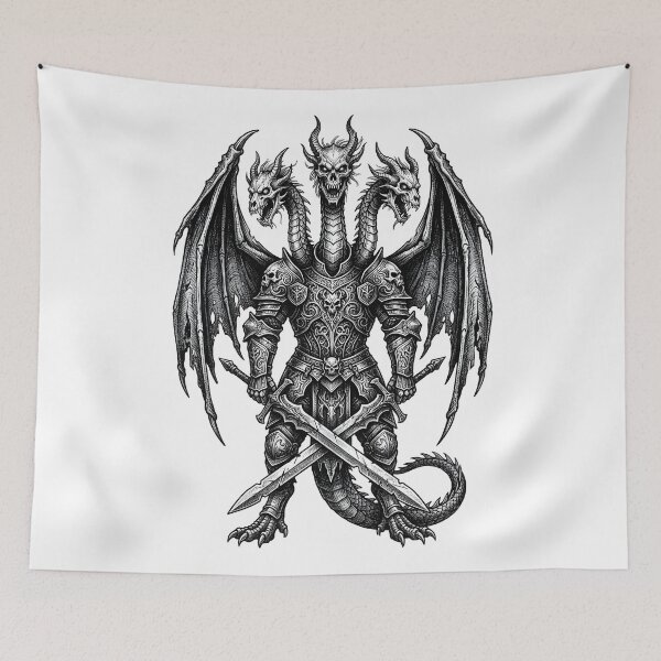 Item preview, Ornate Skull Emblem Hydra Knight - Dragon Sword Ink Art designed and sold by DragonSerpent Ink.