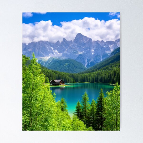 Item preview, Emerald Alpine Lake Cabin - Nature Landscape designed and sold by nhk999.