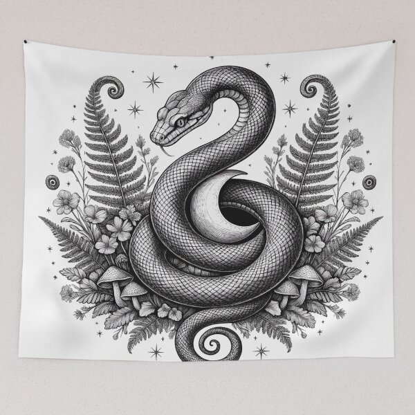 Item preview, Mystical Serpent Crescent Moon Botanical Occult Art designed and sold by LenNo9881.